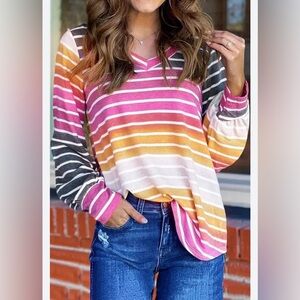 Andree By Unit Colorful Striped V-Neck Top with Bishop Sleeve | Size L